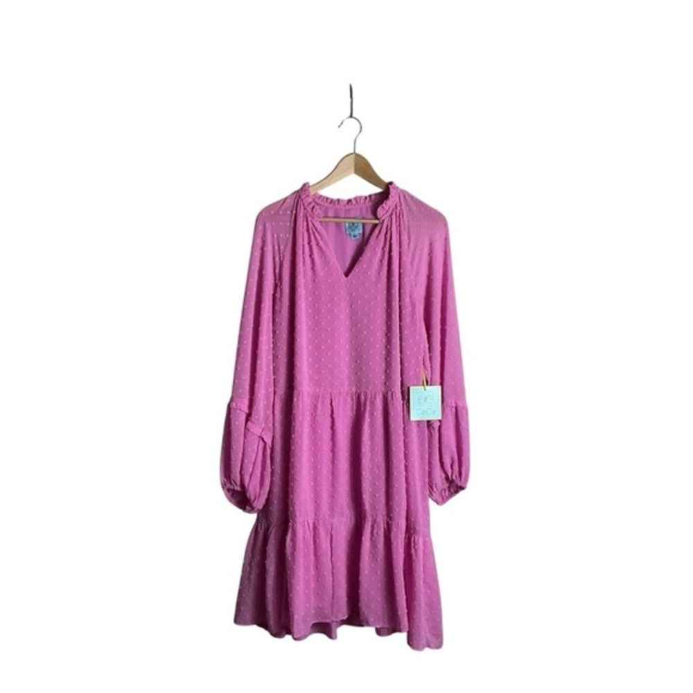 CeCe Mauve Pink Swiss-Dot Tiered Midi Dress